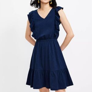 Loft Navy Blue Ruffle V-Neck Dress Size Small